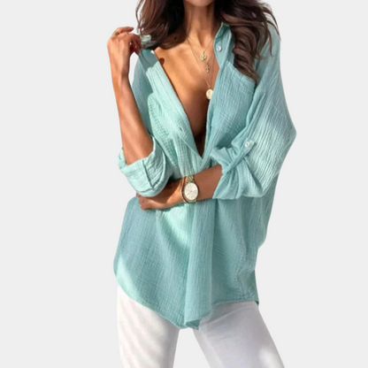Variant image for Couture-Moda Women's Oversized Button-Up Shirt in Lightweight Cotton-Linen-16