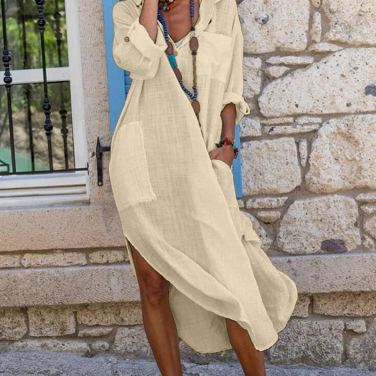 Cotton Linen Women's Maxi Dress - Relaxed Fit Button Front Summer Dress with Pockets 1