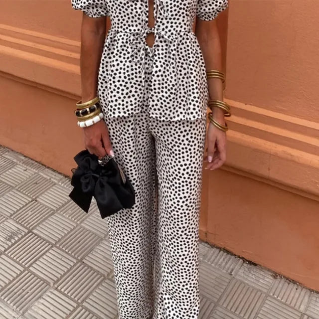 Boho Chic Women's Two-Piece Linen Set - Puff Sleeve Top & Wide-Leg Pants for Holiday Clothes 5