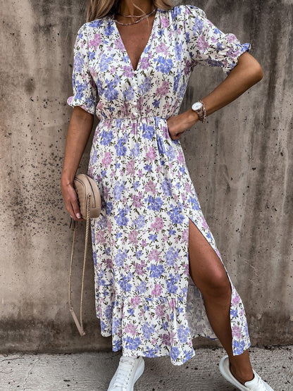 Floral Maxi Dress for Women - Chic V-Neck, High Waist, Side Slit, Summer Dresses