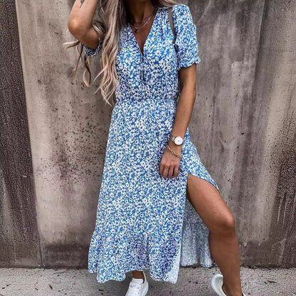 Floral Maxi Dress for Women - Chic V-Neck, High Waist, Side Slit, Summer Dresses