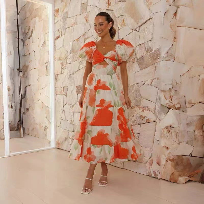 Women's Lightweight Cotton Maxi Dress with Puff Sleeves