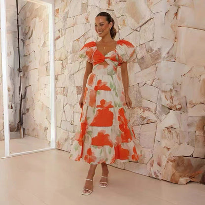 Women's Lightweight Cotton Maxi Dress with Puff Sleeves