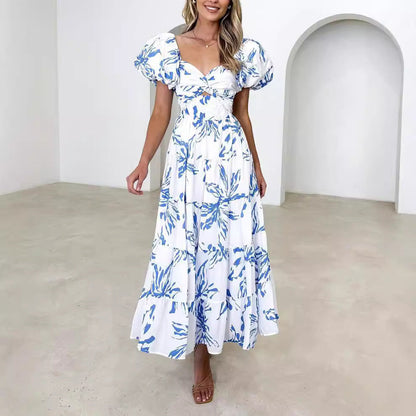 Women's Lightweight Cotton Maxi Dress with Puff Sleeves