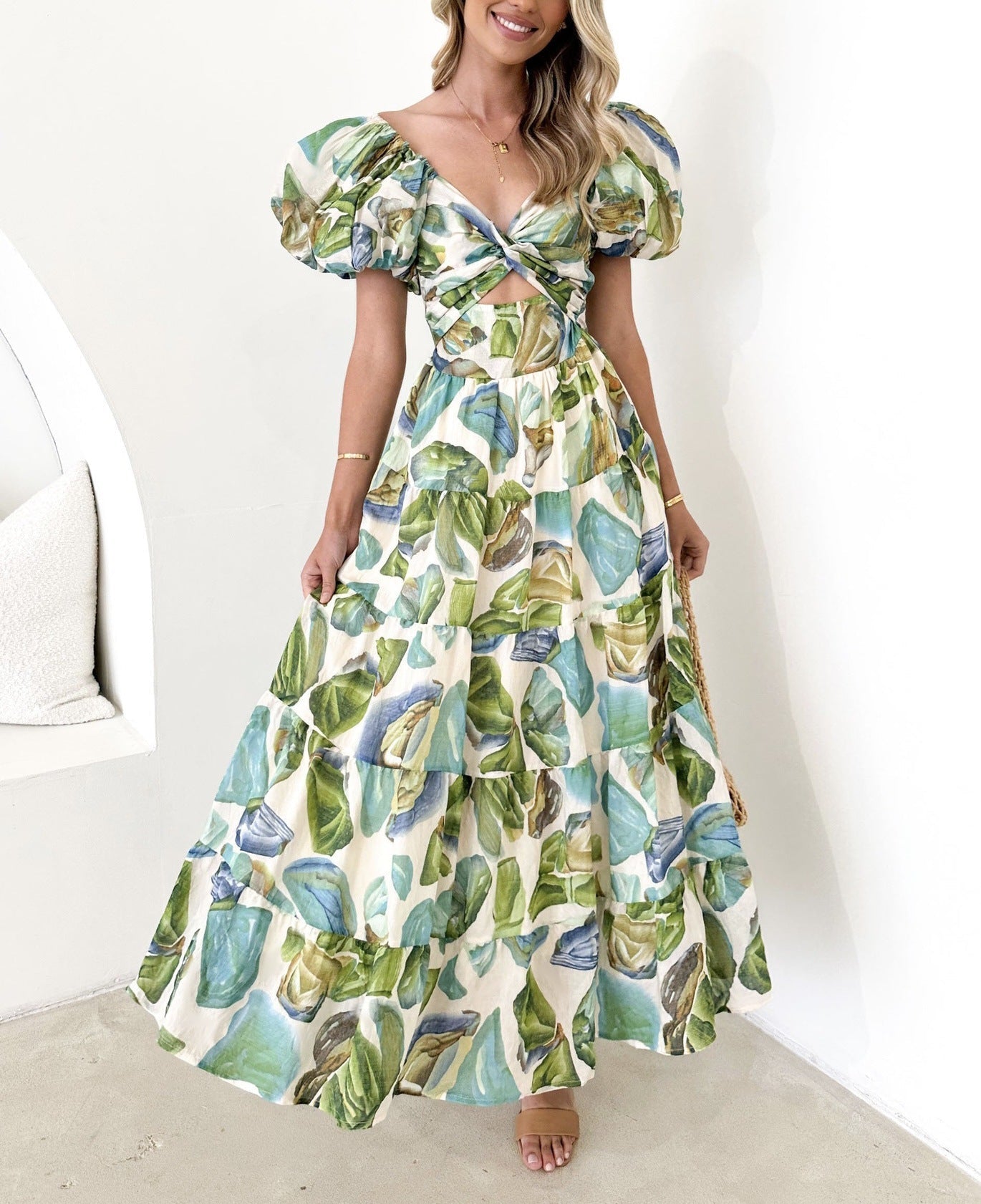 Women's Lightweight Cotton Maxi Dress with Puff Sleeves