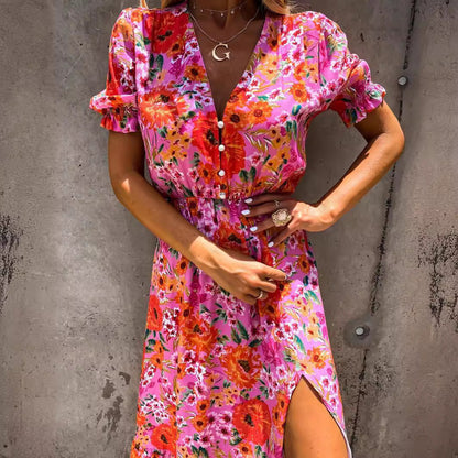 Floral Maxi Dress for Women - Chic V-Neck, High Waist, Side Slit, Summer Dresses