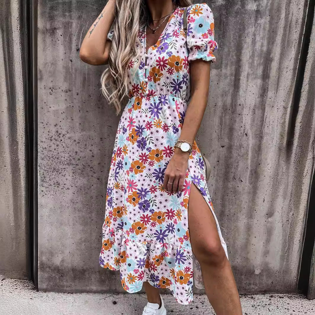 Floral Maxi Dress for Women - Chic V-Neck, High Waist, Side Slit, Summer Dresses