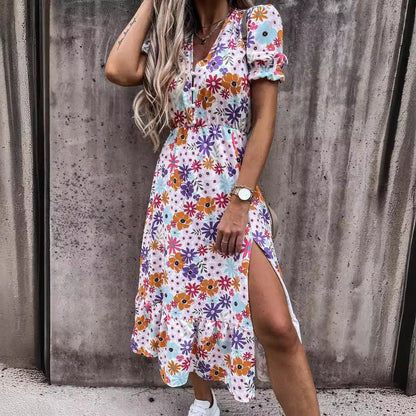 Floral Maxi Dress for Women - Chic V-Neck, High Waist, Side Slit, Summer Dresses
