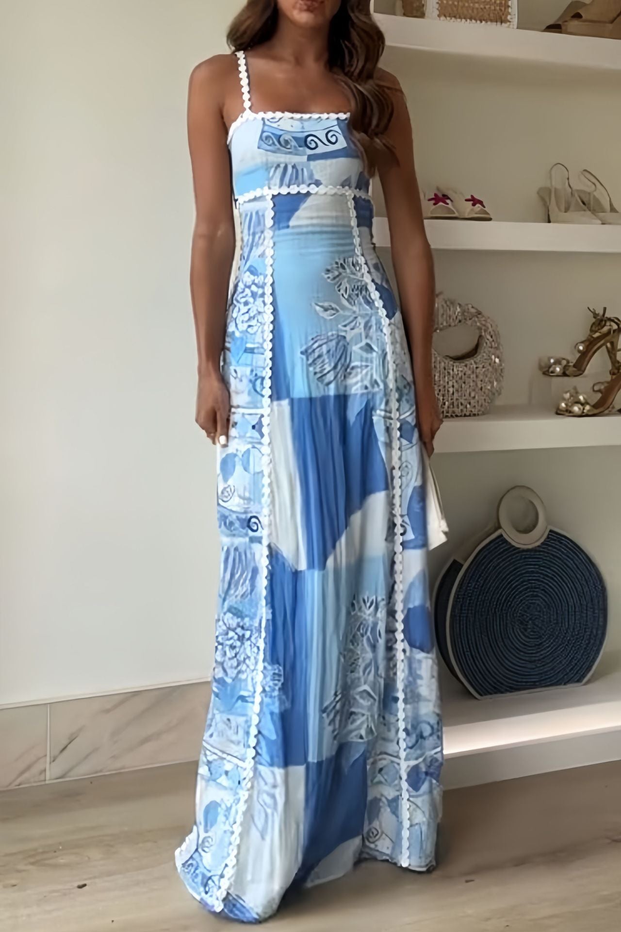 Women's Flowy A-Line Maxi Dress with Lace Trim & Floral Print