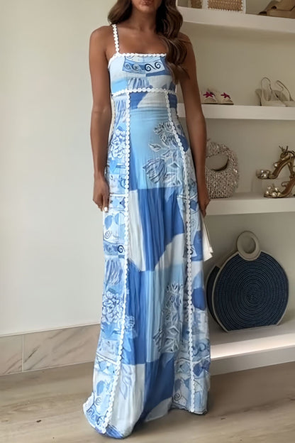 Women's Flowy A-Line Maxi Dress with Lace Trim & Floral Print