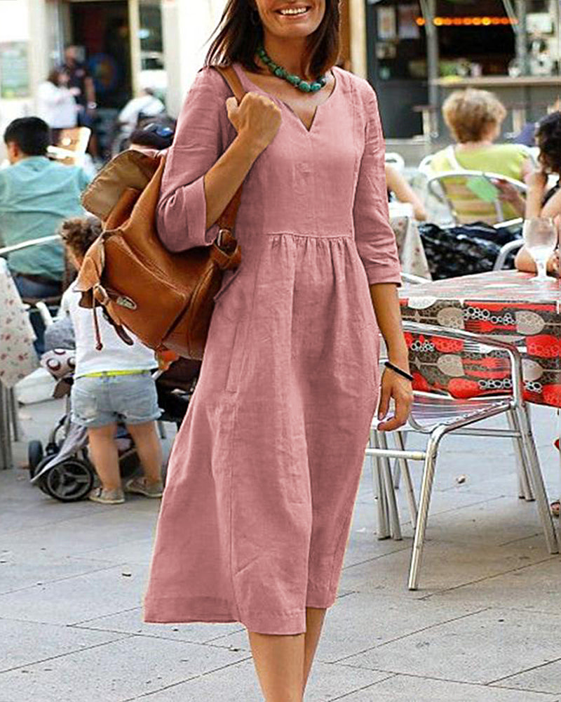 Couture-Moda Women's Summer Dress - Linen Blend Midi with V-Neck & Three-Quarter Sleeves 1