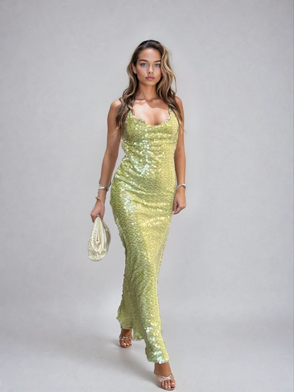 Glamorous Lime Green Sequin Maxi Dress for Women with Scoop Neckline & Spaghetti Straps