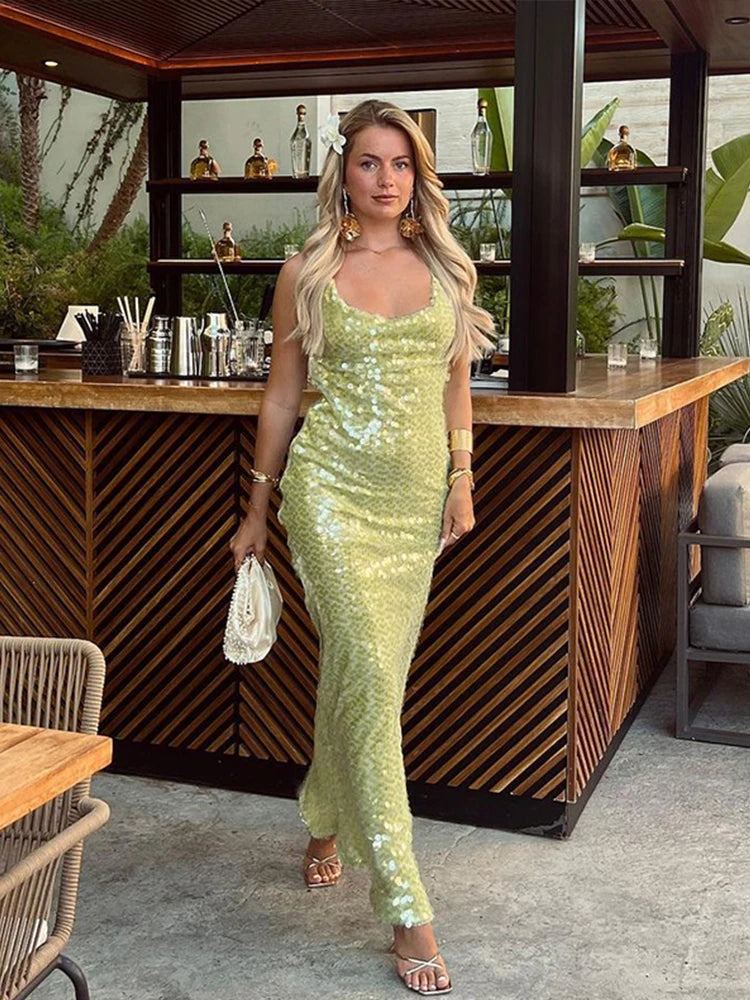 Glamorous Lime Green Sequin Maxi Dress for Women with Scoop Neckline & Spaghetti Straps