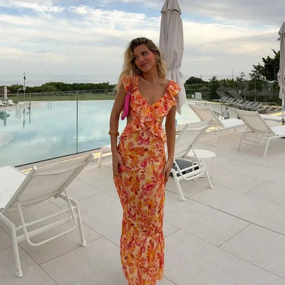 Elegant Women's Maxi Dress - Deep V-Neck, Ruffled Sleeves for Summer