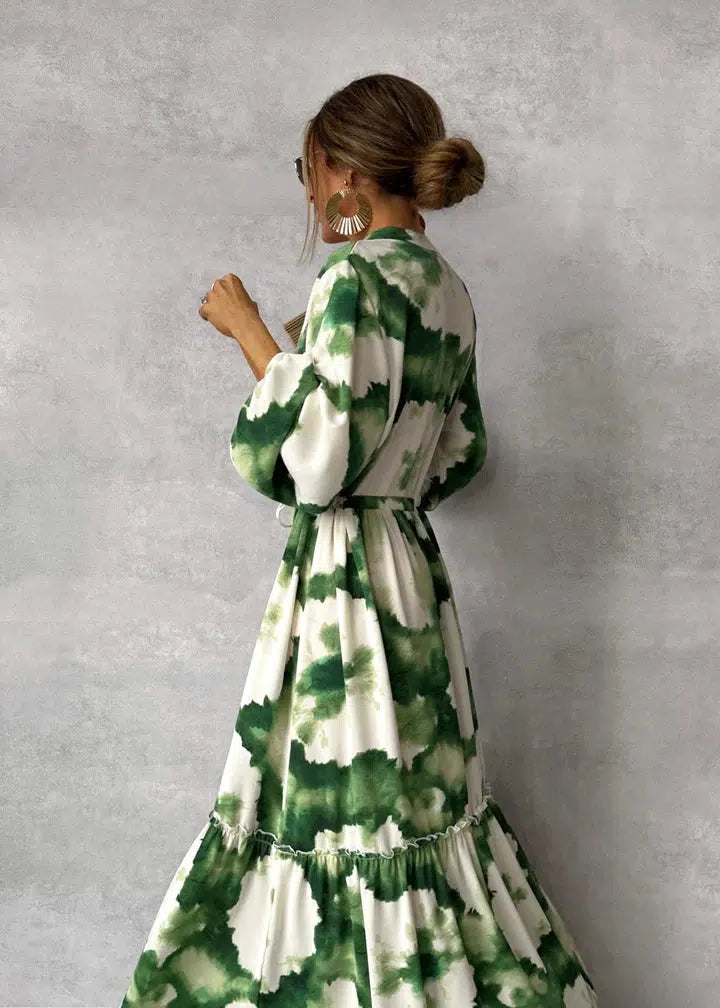 Elegant Green Long Sleeve Maxi Dress for Women - V-Neck Flowing Design