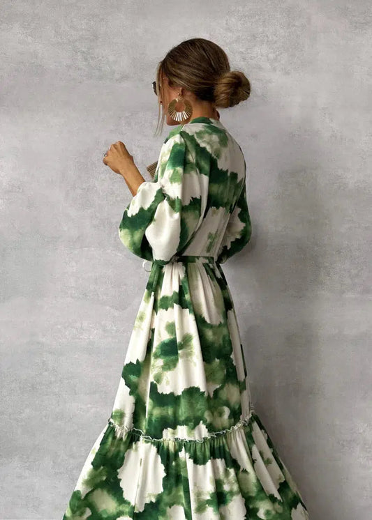 Elegant Green Long Sleeve Maxi Dress for Women - V-Neck Flowing Design