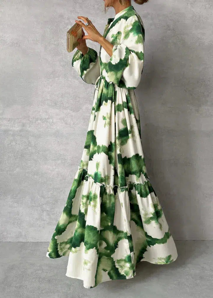 Variant image for Elegant Green Long Sleeve Maxi Dress for Women - V-Neck Flowing Design-1