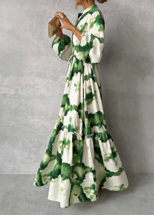 Elegant Green Long Sleeve Maxi Dress for Women - V-Neck Flowing Design