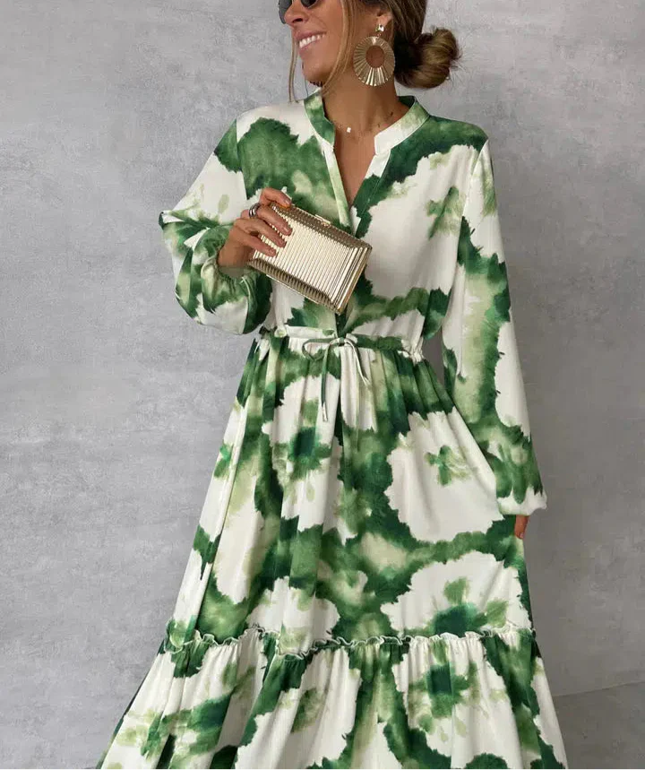 Elegant Green Long Sleeve Maxi Dress for Women - V-Neck Flowing Design