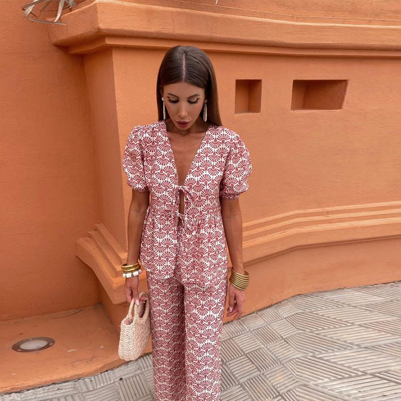 Boho Chic Women's Two-Piece Linen Set - Puff Sleeve Top & Wide-Leg Pants for Holiday Clothes 4