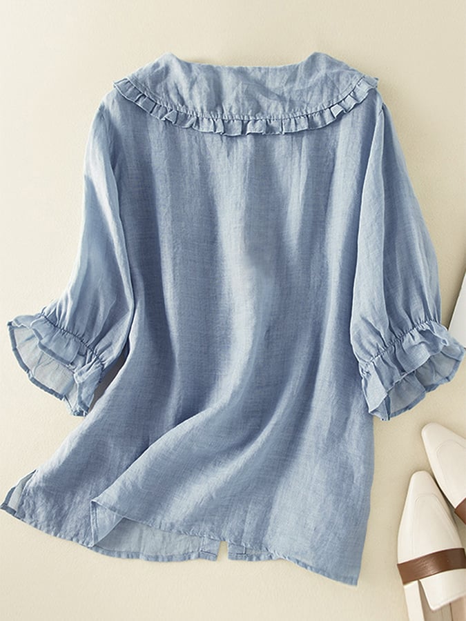 Women's Cotton Linen Blouse with Ruffled Peter Pan Collar - Loose Fit
