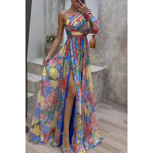 Elegant Women's One-Shoulder Floral Gown - Formal Evening & Party Dress