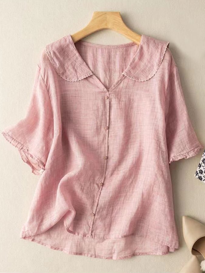Women's Blouse - Retro Cotton-Linen Short Sleeve Shirt with Doll Collar