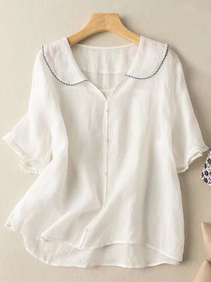 Women's Blouse - Retro Cotton-Linen Short Sleeve Shirt with Doll Collar