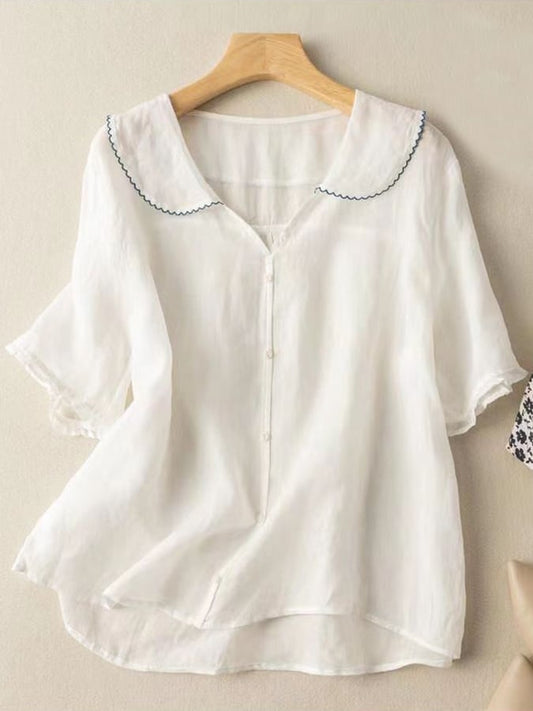 Women's Blouse - Retro Cotton-Linen Short Sleeve Shirt with Doll Collar