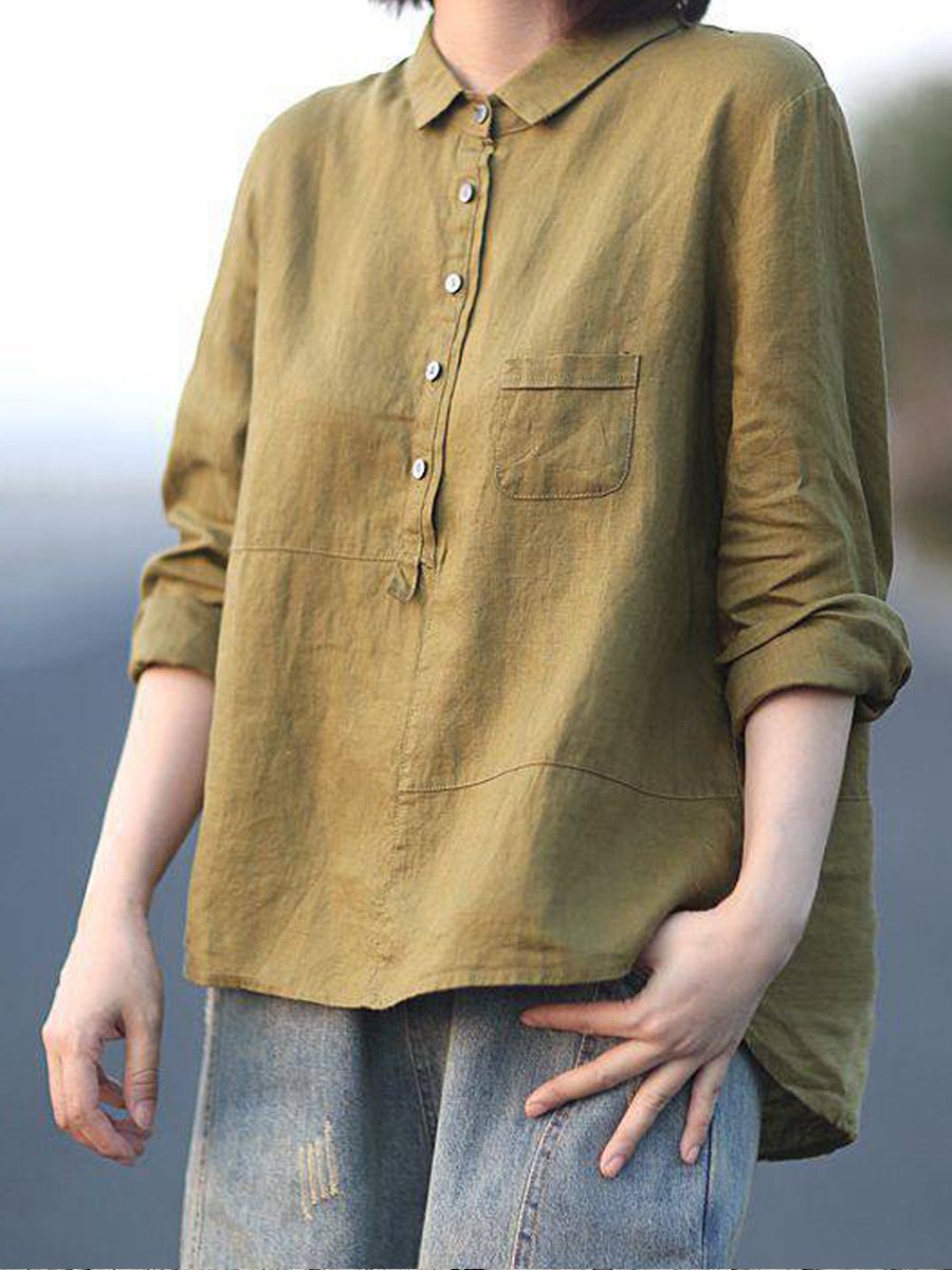 Women's Casual Lapel Neck Long Sleeve Blouse in Lightweight Cotton-Linen Blend