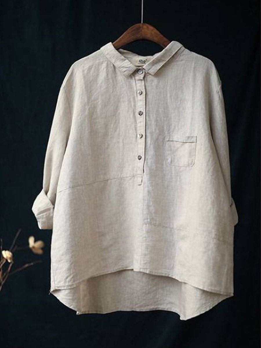Variant image for Women's Casual Lapel Neck Long Sleeve Blouse in Lightweight Cotton-Linen Blend-13