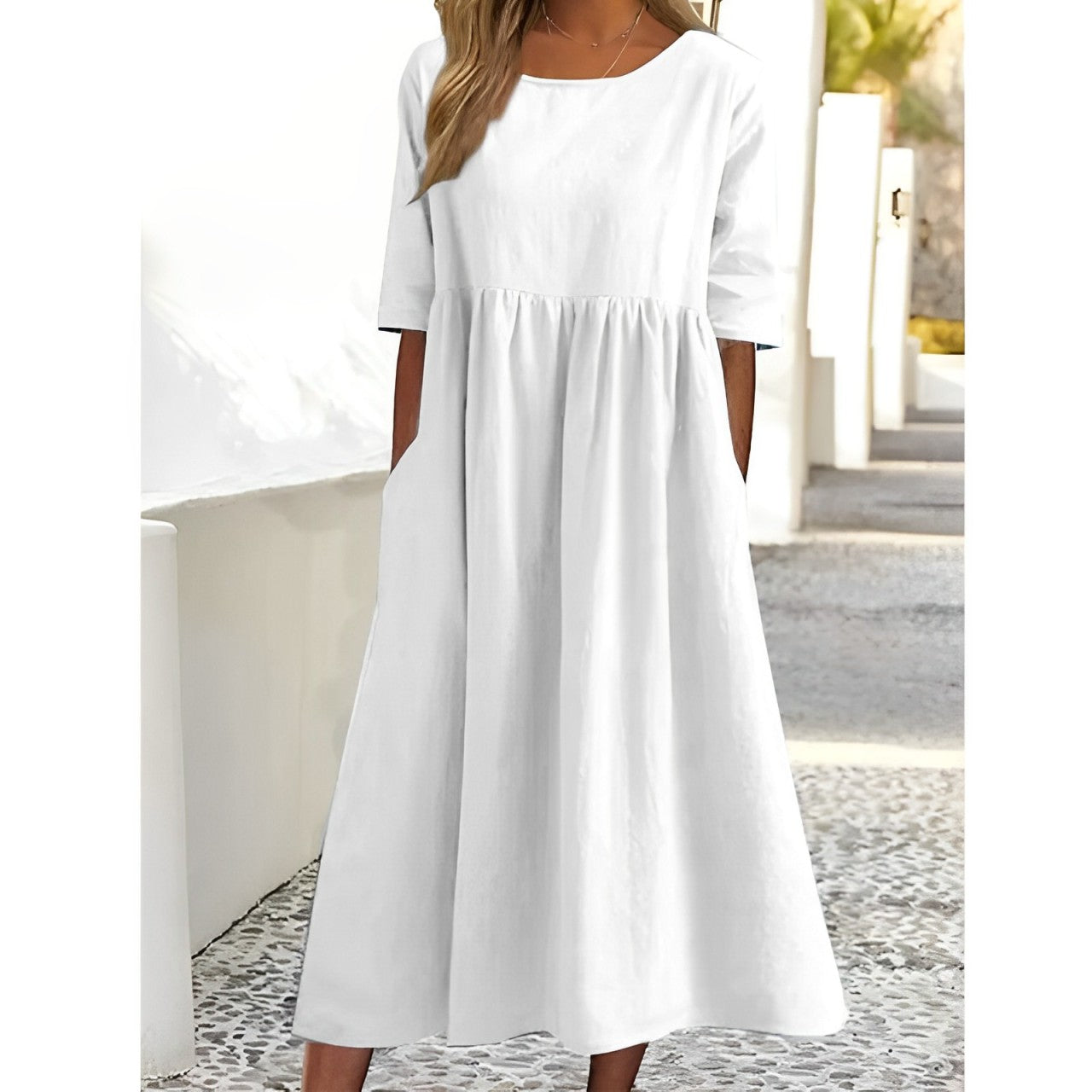 Harper Women's Summer Dress - Vintage Midi in Breathable Cotton-Linen with Pleated Design 2