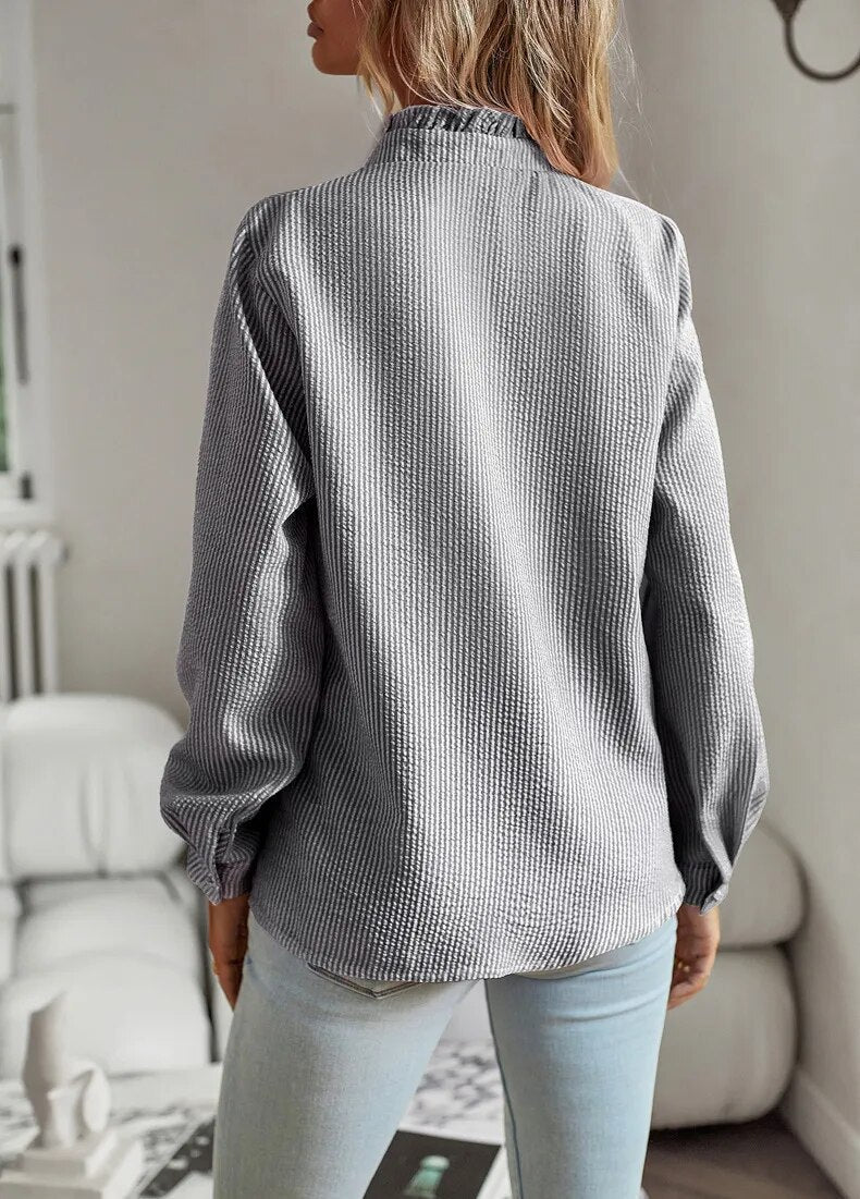 Textured Women's Blouse with Ruffled Neckline and Long Sleeves - Elegant Long Sleeve Tops for Casual and Semi-Formal Wear