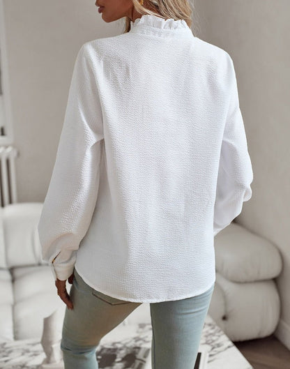 Textured Women's Blouse with Ruffled Neckline and Long Sleeves - Elegant Long Sleeve Tops for Casual and Semi-Formal Wear
