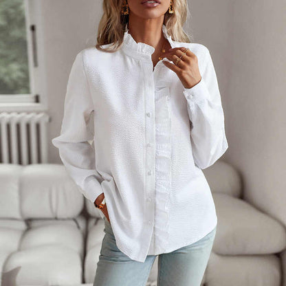 Textured Women's Blouse with Ruffled Neckline and Long Sleeves - Elegant Long Sleeve Tops for Casual and Semi-Formal Wear