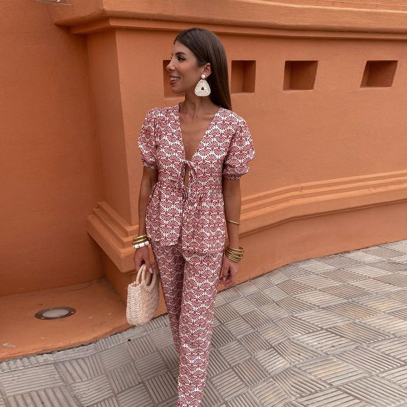 Boho Chic Women's Two-Piece Linen Set - Puff Sleeve Top & Wide-Leg Pants for Holiday Clothes 3