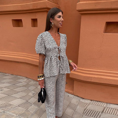 Variant image for Boho Chic Women's Two-Piece Linen Set - Puff Sleeve Top & Wide-Leg Pants for Holiday Clothes-4